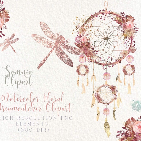 Dreamcatcher clipart, Dusty pink watercolor dreamcatcher with dragonfly and flowers boho style,tribal design,Vector PNG Commercial Use