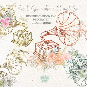 Gramophone  clipart set Watercolor & glitter floral gramophone PNG Hand drawn Retro Gramophone Sublimation for print vector Commercial Use