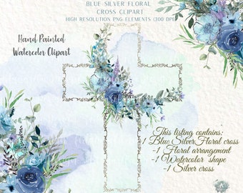 Blue Watercolor & Silver Floral Cross Clipart set, Holy spirit,Baptism,Floral Arrangements,Shapes,Sublimation,For invitations,Commercial Use