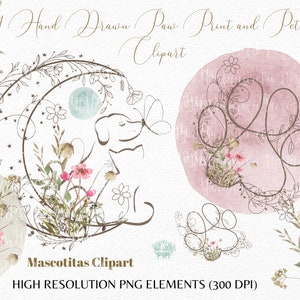 Animaux de compagnie Clipart, empreinte de patte Clip Line Art chiots Illustration PNG Logo, aquarelle de fleurs, fond, chat, chien, téléchargement immédiat par sublimation
