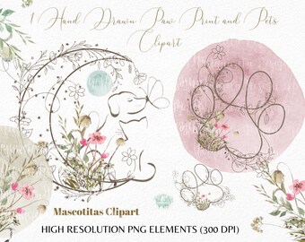 Paw Print & Pets Clipart: Watercolor Floral Dog Cat Illustration (PNG, Instant Download)