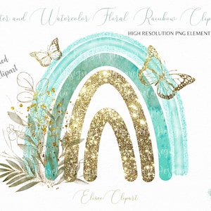 Glitter Rainbow Clipart,Turquoise & Gold Rainbow  with eucalyptus, Gold leaves,Butterfly,Summer Boho style,Sublimation  PNG Commercial Use