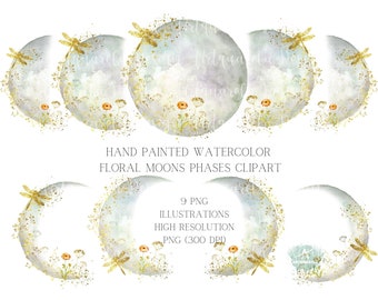 Watercolor Floral Moon Clipart: Gold Foil PNG Graphics (Commercial Use)