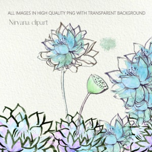 May include: Watercolor illustration of blue and green lotus flowers. The flowers are drawn in a delicate style with black outlines. The background is a light beige color.