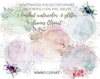 5 Watercolor floral frames Clipart,Gold and Silver overlays finished frames polygonal  glitter design,Wedding frames clipart Commercial Use