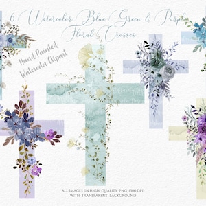 Aquarell blau, grün und lila Blumen Kreuze Clipart PNG- Junge Taufe- katholische Kreuze-Erste Kommunion - Ostern - Blumen-Kommerzielle Nutzung