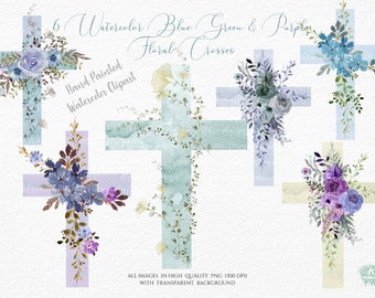 Watercolor blue,green & purple floral crosses clipart PNG- Boy Baptism- Catholic Crosses-First Communion - Easter - Flowers-Commercial Use