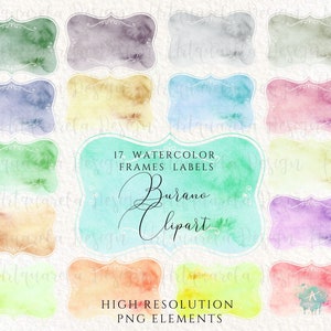 May include: 17 watercolour frames and labels in a variety of pastel colours, including green, blue, purple, pink, yellow, and orange. The frames have a decorative border and are ideal for adding a touch of whimsy to your projects.