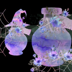 May include: Two watercolor illustrations of purple and blue potion bottles with floral accents and the text "Magic Potion".