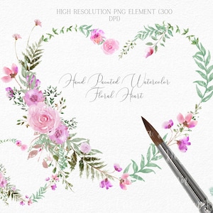 Blumen Herz Kranz Clipart Aquarell rosa Rosen Blumen Herz png, Boho Hochzeit Einladung Braut Sublimation kommerzielle Nutzung