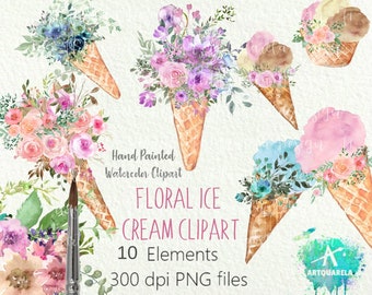 Floral Ice Cream Clipart: Watercolor Flower Bouquet PNG (Digital Download)