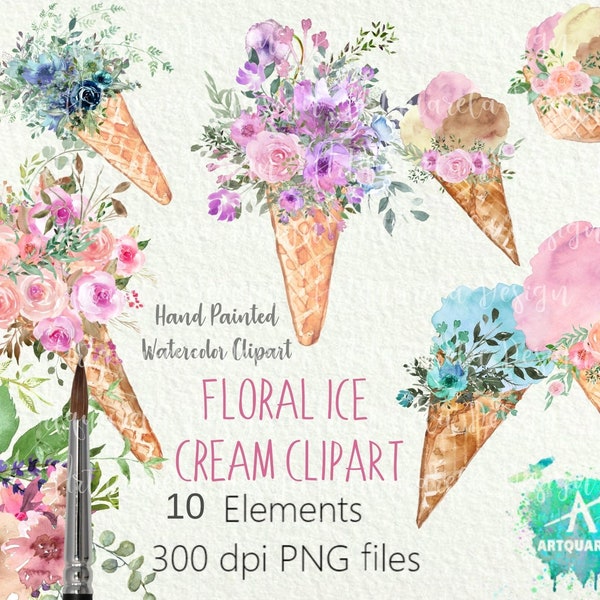 Floral ice cream clipart Pink Flowers Blue Roses, Ice Cream Cone Sublimation Design Nursery Art ,floral bouquet Summer  PNG Commercial Use
