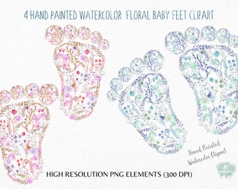 Baby feet Clipart-Floral  baby footprint  Vector PNG -Watercolor baby feet - Gift for new born- Baby Shower-Sublimation- DIY--Commercial Use