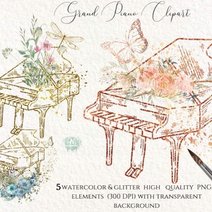 Grand Piano Clipart Watercolor & glitter Floral Piano - Sublimation For print - Grand Piano Vector  PNG- Music -Boho design -Commercial Use