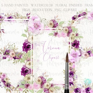 Watercolor Floral purple & lilac floral geometric Frames Clipart  set Floral  wreaths Fine line art flowers Sublimation Commercial Use