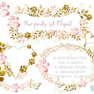 Paw Print Clipart set,Cat Dog Paw frame Watercolor & Gold foil Paw print heart pets png ,Icon,Foliage Cat wreath,Sublimation  Commercial Use