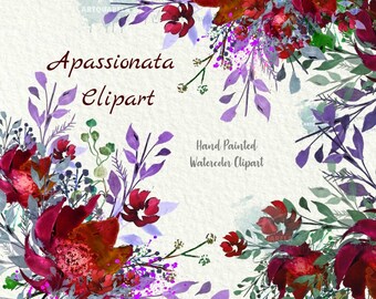 Buquês florais em aquarela com rosas borgonha, imagens PNG para casamento (download digital)