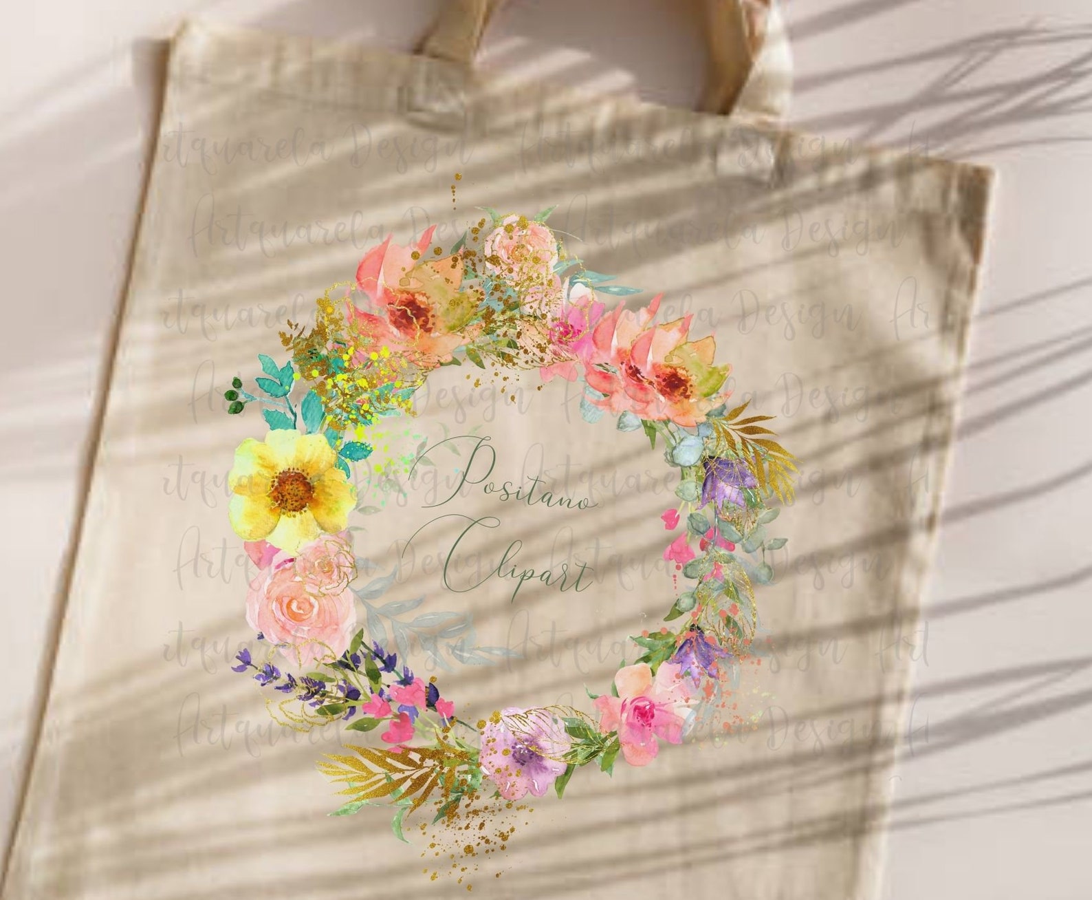 Bright Watercolor & Gold Foil Floral Wreath Colorful Floral Etsy