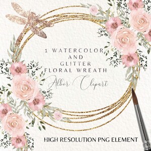 Aquarel roségouden bloemenkrans clipart, libel (PNG)