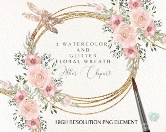Watercolor  pastel pink & rose gold floral wreath CLIPART, Hand Painted  Roses frame with drangonfly, High resolution png  Commercial Use