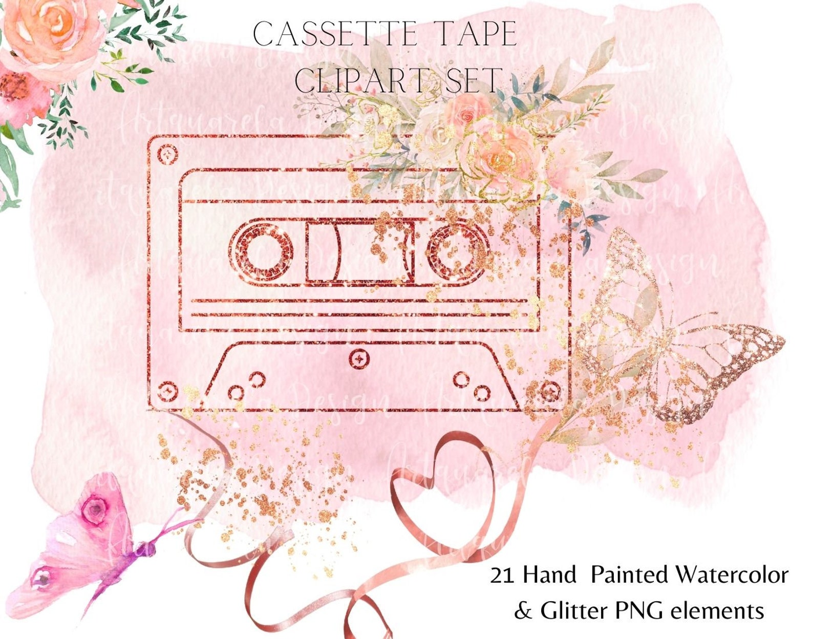Cassette Tape Clipart Set Watercolor & Glitter Cassette Png-sublimation ...