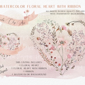 Aquarell Blumenherz mit Band Clipart - Neutrales Herz PNG - Wilde Blumen - Aquarell Hintergrund - Blumen-St. Valentinstag Clip Art