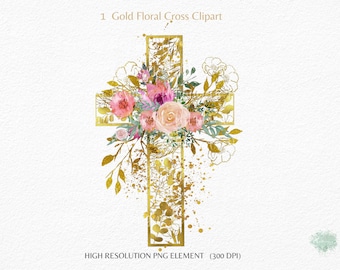 Watercolor & Gold  Floral Cross Clipart,Holy spirit, Baptism, Gold Carved cross PNG.Religious Wedding Clipart For invitations,Commercial Use