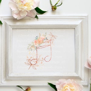 May include: A watercolor illustration of a musical note with a dragonfly and floral accents. The note is outlined in copper and has a watercolor background with copper glitter. The image is framed in a white frame.
