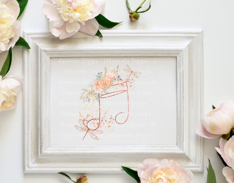 May include: A watercolor illustration of a musical note with a dragonfly and floral accents. The note is outlined in copper and has a watercolor background with copper glitter. The image is framed in a white frame.