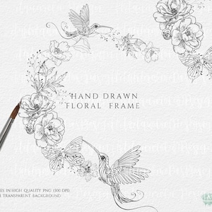 Cadre floral noir blanc Clipart - fleurs dessinées à la main avec oiseau de paradis - bordure florale contour minimaliste - usage Commercial