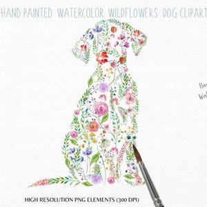 Colorful  Floral  Dog Vector PNG -Hand painted Watercolor wildflowers dog clip art - Pet Floral silhouette Sublimation-Commercial Use