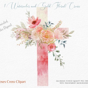 Kreuz Clipart - Rosa Kreuz mit Pfirsich Blumen png - Blumen Kreuz-Erste Kommunion - Mädchen Taufe - Handgemaltes Aquarell & Gold Kreuz png