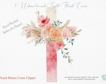 Cross Clipart -Pink  cross with  Peach flowers png -Floral Cross-First Communion -Girl Baptism -Hand Painted  Watercolor & Gold  Cross png