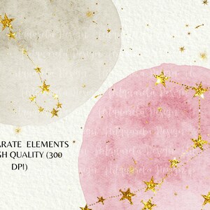 May include: A digital illustration of a constellation with gold glitter stars on a pink and gray watercolor background. The text "29 SEPARATE ELEMENTS IN HIGH QUALITY (300 DPI)" is at the bottom of the image.
