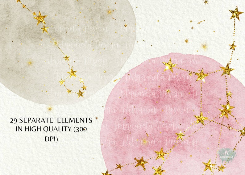 May include: A digital illustration of a constellation with gold glitter stars on a pink and gray watercolor background. The text "29 SEPARATE ELEMENTS IN HIGH QUALITY (300 DPI)" is at the bottom of the image.