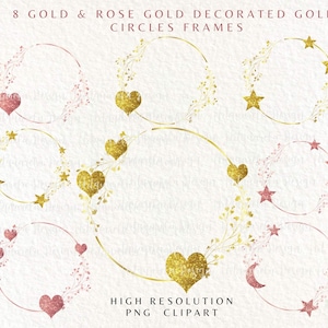 8 gold foil  & Rose gold Wreaths Clipart PNG stars,gold leaves frames Gold moon clipart Digital DIY Wedding Invitations Commercial Use