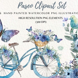 Fiets clipart, aquarel vintage fiets png, bloemenmand, vlinder, vogels, blauwe bloemen, fiets sublimatie ontwerp, picknick fiets natuur