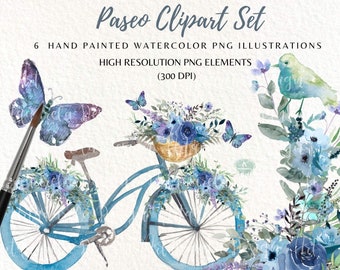 Watercolor Bicycle Clipart: Vintage Bike with Blue Flowers (PNG)