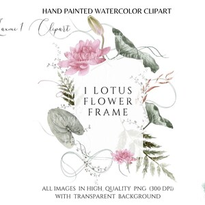 Acquerello Fiori di loto Cornice Clipart Cornice organica Logo fiore di loto PNG Felce Palma Botanico Ikebana Cornice minimalista Uso commerciale