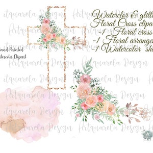 Aquarell & Rose Gold Blumen Kreuz Clipart, Heiliger Geist, Taufe, Blumenarrangements, Formen, Sublimation, für Einladungen, kommerzielle Nutzung