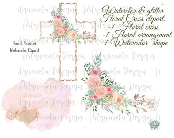 Watercolor & rose gold  Floral Cross Clipart,Holy spirit, Baptism,Floral Arrangements,Shapes,Sublimation,For invitations,Commercial Use