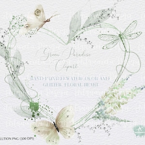 Aquarell & Grün Glitter Blumen Herz Clipart Libelle, Schmetterling, Wildblumen Boho Herzrahmen Hohe Auflösung png Kommerzielle Nutzung