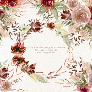 Aquarel rood, bordeaux, roze, witte bloemen clipart, elegante bruiloft, rozen, boeket, kransen, huwelijksuitnodiging. Instant Download