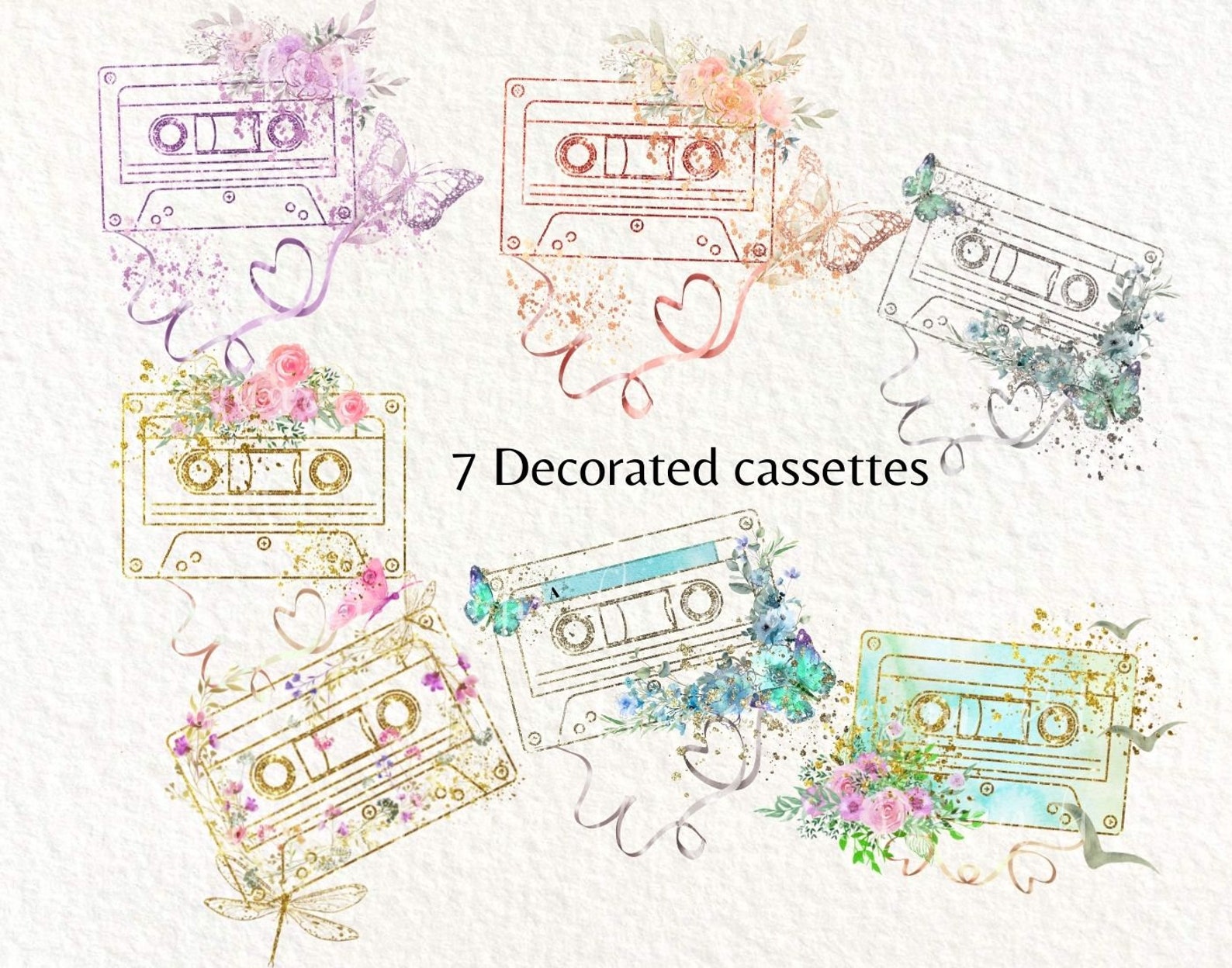 Cassette Tape Clipart Set Watercolor & Glitter Cassette - Etsy