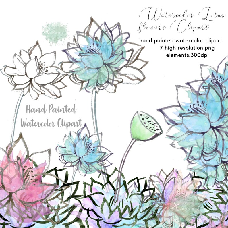 May include: Watercolor clipart featuring seven hand-painted lotus flowers in shades of blue, green, and pink. The flowers are outlined in black and have a delicate, whimsical style.