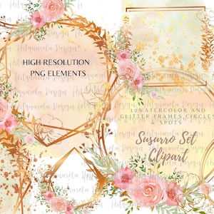 10  Watercolor & glitter floral  frames Clipart, Rose Gold  Splash borders Watercolor background  Wreaths Boho  frames Commercial Use