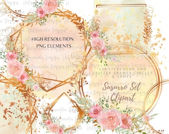 Watercolor Floral Frames Clipart, Rose Gold, Boho Wreaths (Digital Download)