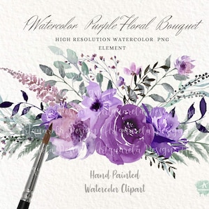 Buquê de flores roxas aquarela pintada à mão clipart arranjo elegante casamento flores silvestres BOHO moldura rosas borda sublimação PNG