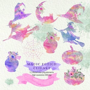 May include: A set of 15 watercolor clipart images featuring a witch, a cat, a crescent moon, a spiderweb, a potion bottle, and pumpkins. The images are in shades of pink, purple, and blue.
