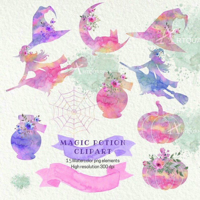 May include: A set of 15 watercolor clipart images featuring a witch, a cat, a crescent moon, a spiderweb, a potion bottle, and pumpkins. The images are in shades of pink, purple, and blue.